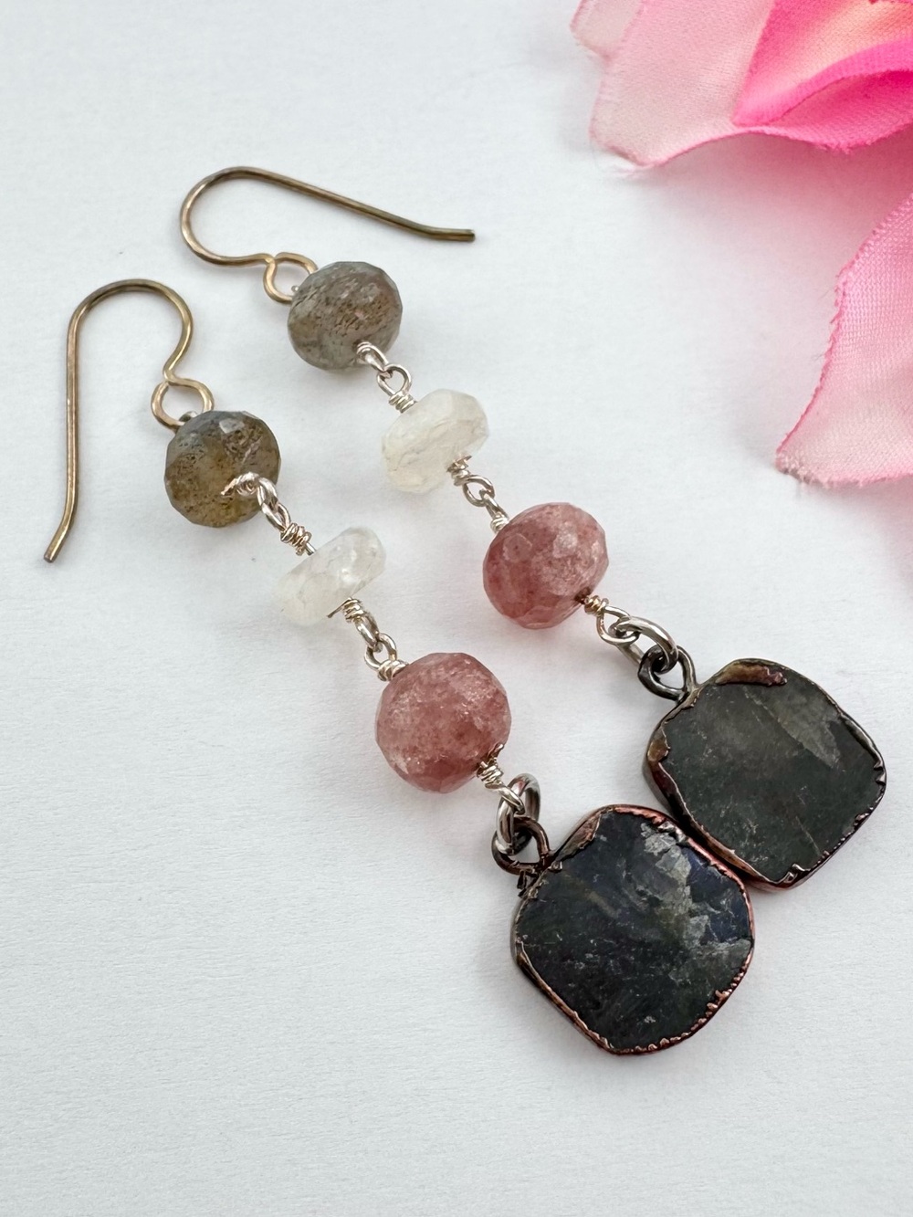 Labradorite Amethyst Gemstone Long Dangle Earrings Acid Tester Silver Festival
